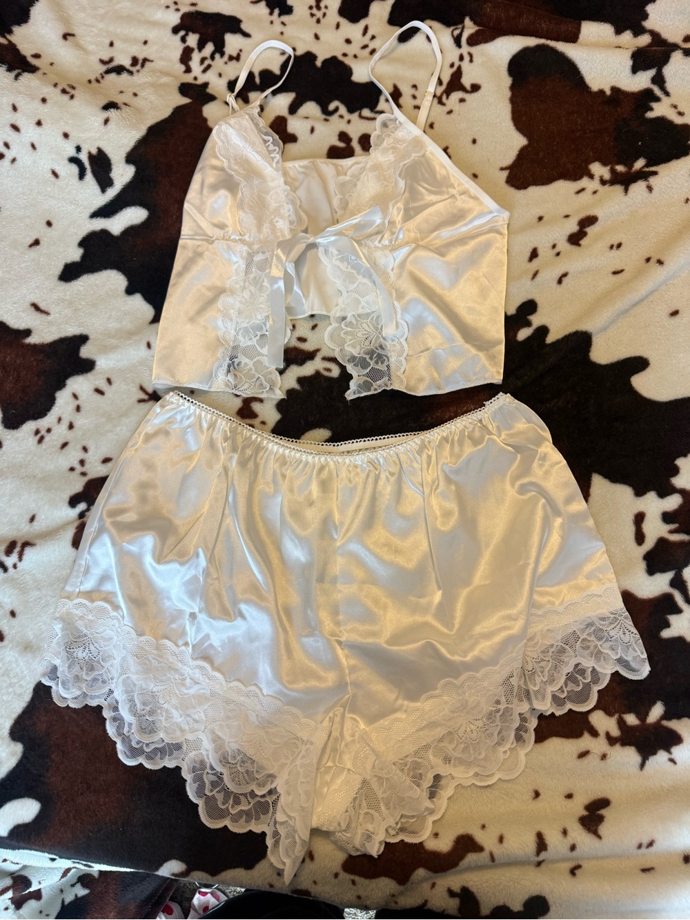 Silky Lace Trim Cami and Shorts Sleep Set in White